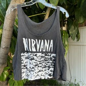 Brandy Melville Nirvana Grey Graphic Cropped Tank Top .